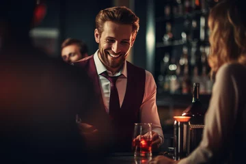 Foto auf Acrylglas Bartender barman person shaking mixing alcohol drinks in dark bar pub Generative AI © deagreez