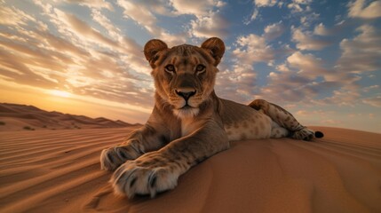 photo wildlife lion on desert - obrazy, fototapety, plakaty