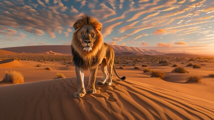 photo wildlife lion on desert - obrazy, fototapety, plakaty