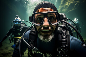 Scuba deep sea diver swimming in a deep ocean cavern ai generative