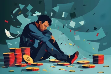 Foto op Canvas business man sitting on the floor with sad mood, coins, notes and broken downside arrow at the background, business failure concept © THE IZEL ART