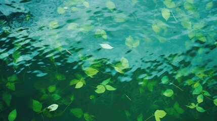 Fototapeta na wymiar Green leaves on the surface of the water. Beautiful background with water ripples for product presentation. Summer refreshing background.