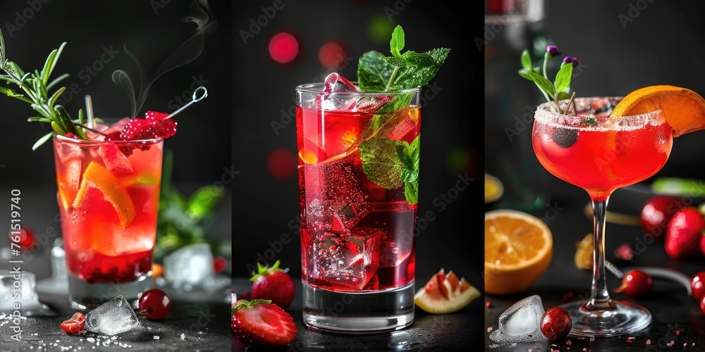Poster A selection of three different types of cocktails on a table. Perfect for bar and restaurant concepts