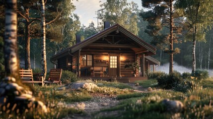 A cozy cabin nestled in the heart of the forest, perfect for nature lovers - obrazy, fototapety, plakaty