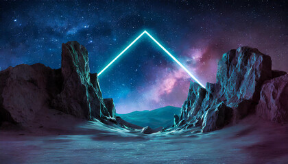 Abstract background with neon geometric shape and rocky mountains. Futuristic frame. Extraterrestrial landscape