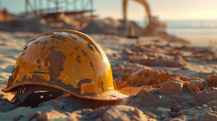 Close-Up Construction Helmet or Hardhat Placed on the Worksite: Safety Gear for Construction Workers, Generative AI