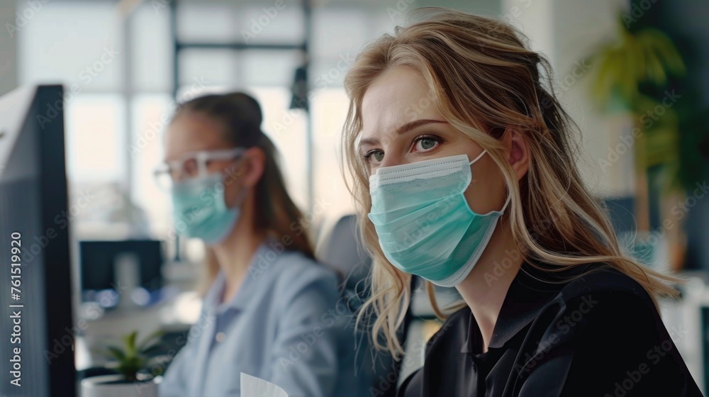 Poster woman wearing a face mask while working on a computer, suitable for health and technology concepts