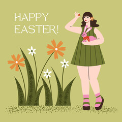 Vector Easter illustration of a girl with a pink bunny and an Easter egg. Postcard, banner.