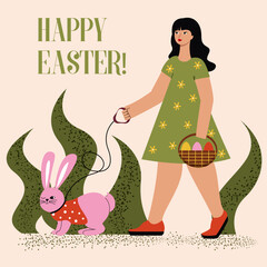 Obraz na płótnie Canvas Vector Easter illustration of a girl with a pink bunny and a basket of Easter eggs. Greeting card, banner.