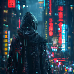 Cyber Sleuth, uncovering the truth behind online privacy violations with advanced tools and algorithms, standing against a backdrop of neon city lights Photography with bokeh effect - obrazy, fototapety, plakaty