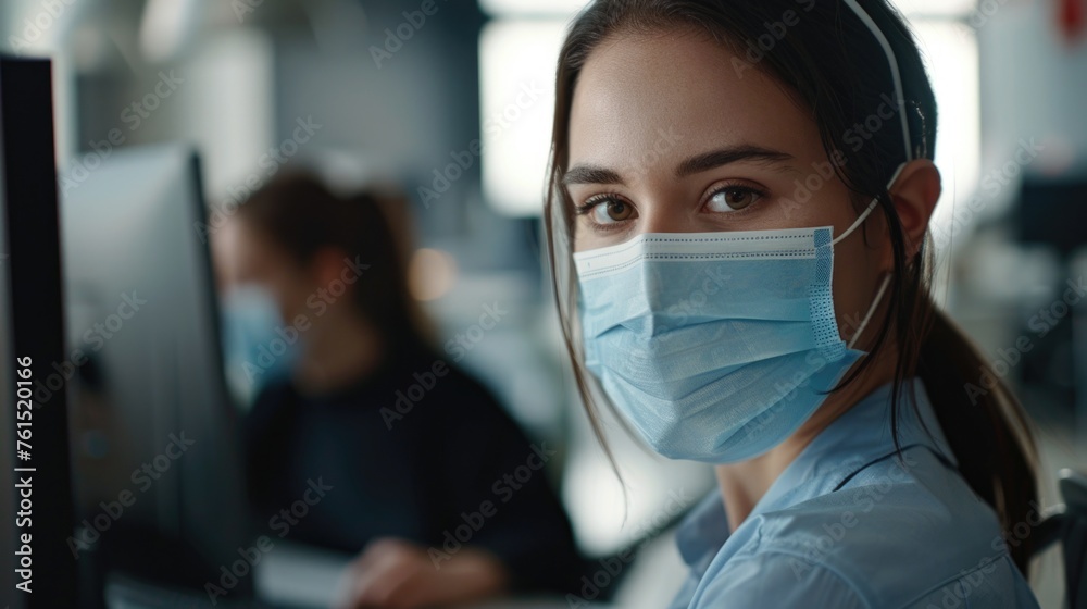 Poster A woman wearing a face mask while working on a computer. Suitable for healthcare and technology concepts