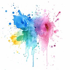 Splatters of watercolor combine to form a whimsical dance of hues on a crisp white canvas, suggesting artistic inspiration and playful imagination.
