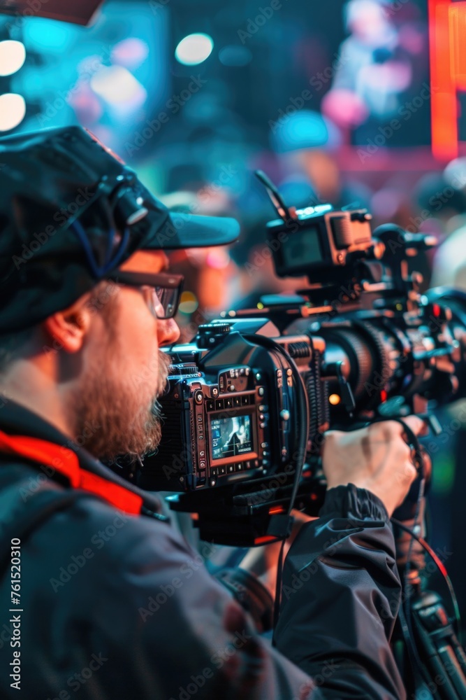 Aufkleber a man with a camera facing a group of people. suitable for social media posts