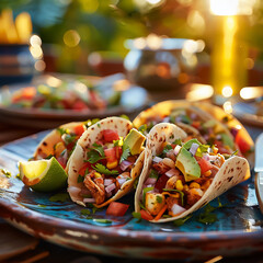 Taco, Tortilla warmer, Mexican cuisine, Vibrant and colorful dining setup, Golden hour, Photography, Silhouette lighting, Vignette