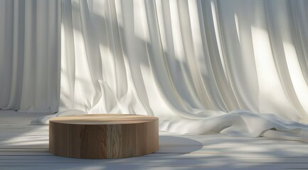 Empty modern round wooden podium side table in soft white blowing drapery curtain drapes in sunlight for luxury cosmetic, skincare, beauty treatment, fashion product display background.