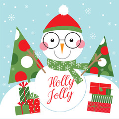 christmas greeting card with snowman and christmas tree design