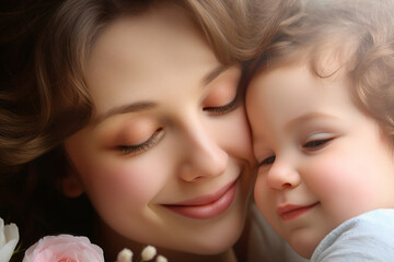 Obraz na płótnie Canvas Happy father and mother day conceptual AI generation picture beautiful parent with small child