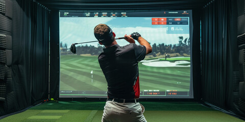 Fototapeta premium Man playing golf on screen in indoor simulator in spacious room with golf club