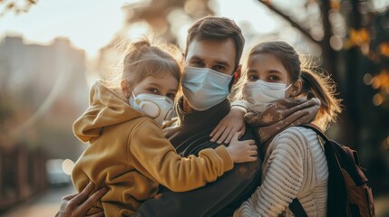 A heartwarming scene of a father and his two children, all wearing protective face masks, sharing an embrace on a sunlit street. - obrazy, fototapety, plakaty