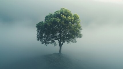 A solitary tree stands resilient amidst a serene and misty landscape, symbolizing hope and endurance in nature's stillness.