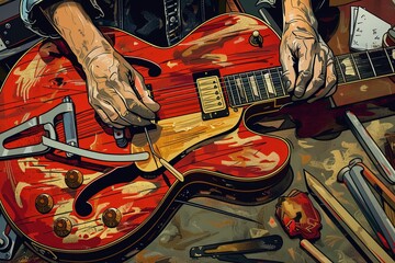 A painting capturing a person engaged in playing a guitar, showcasing a musicians passion and skill in creating music through the instrument