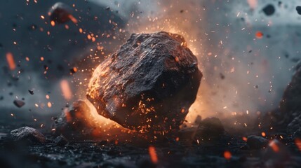A large rock exploding in mid-air, suitable for science fiction or action themes - obrazy, fototapety, plakaty