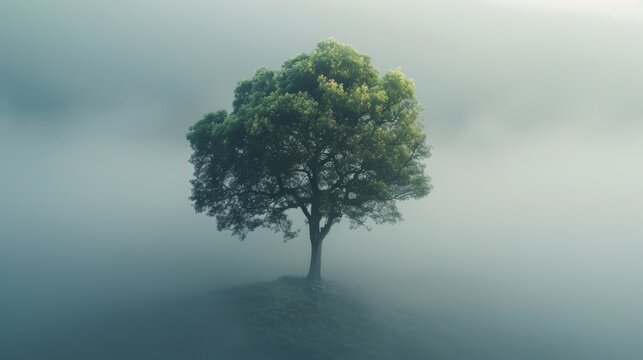A solitary tree stands resilient amidst a serene and misty landscape, symbolizing hope and endurance in nature's stillness.
