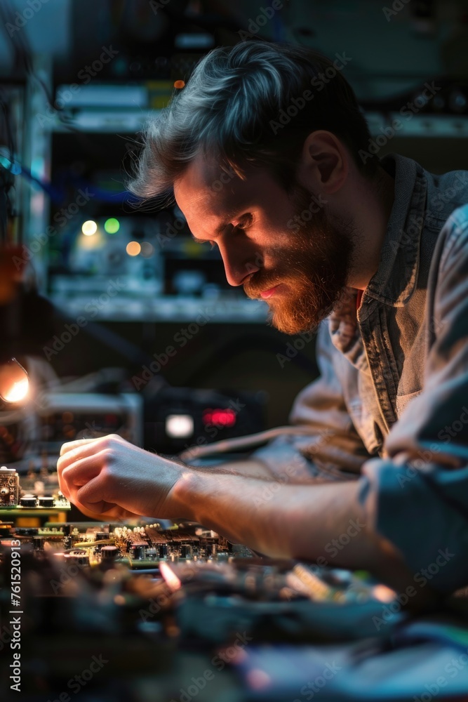 Poster A man working on a circuit board in a dimly lit room. Perfect for technology or hacker concepts