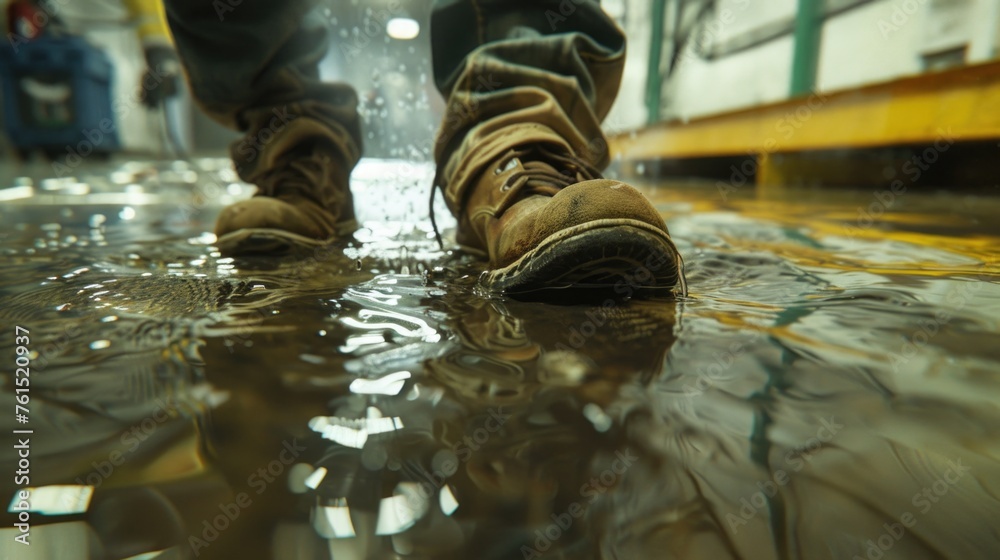 Poster A person standing in a puddle of water, suitable for various concepts and projects