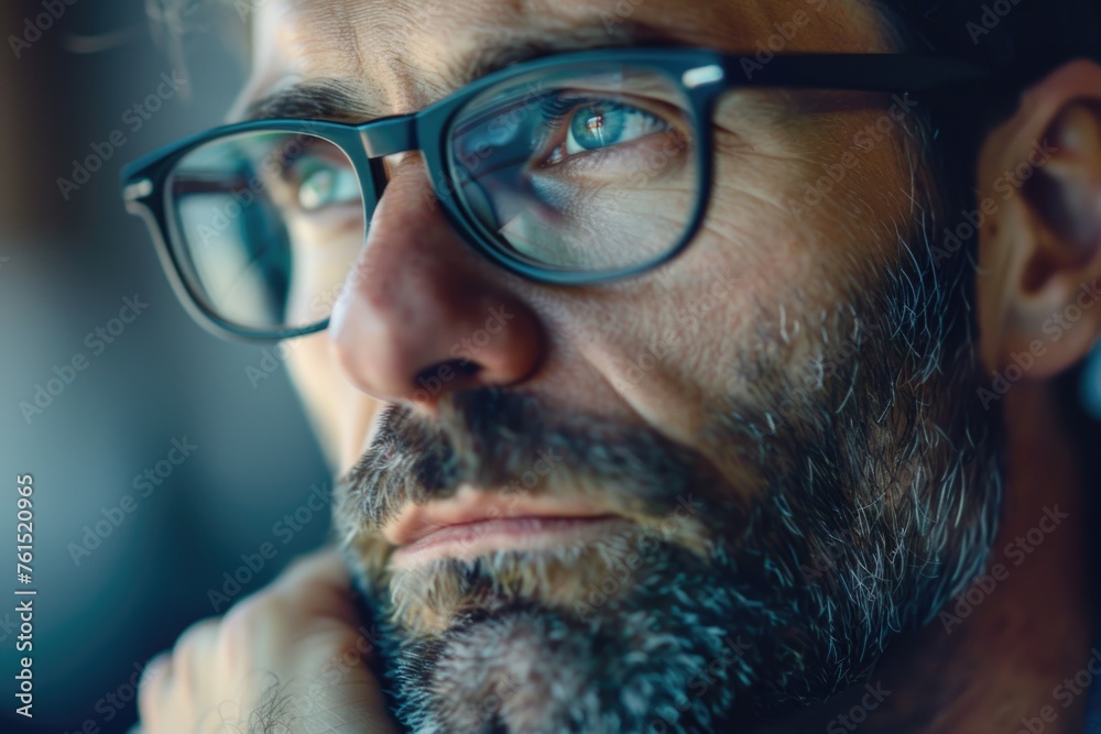 Poster a detailed shot of a man with glasses and a beard. suitable for various professional concepts