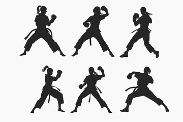 Fototapeta premium Collection of silhouettes of a woman in karate gear. Ideal for sports and fitness concepts