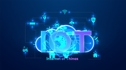 Futuristic IoT Connectivity Concept with Glowing Icons and Earth. Advanced Internet of Things (IoT) network with glowing icons representing global connectivity and smart technology integration.