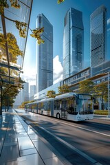 City bus driving down a street near tall buildings, suitable for urban transportation concept - obrazy, fototapety, plakaty