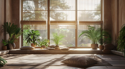 A warm, sunlight-drenched meditation space surrounded by lush indoor plants and natural textures, creating an inviting atmosphere for peaceful contemplation and inner harmony