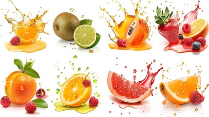 Different ripe fruits with splashes of juice isolated on white,Generative ai,