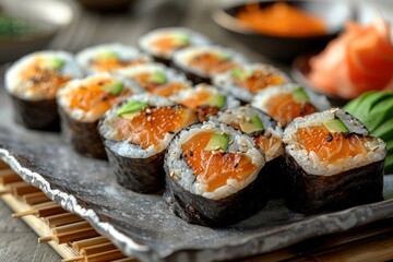 Whole Grain Sushi Rolls Filled with Tuna, Avocado, and Fresh Veggies