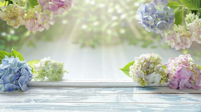 Hydrangea flowers background with empty white wooden table top in front, sunlight fuzzy soft background