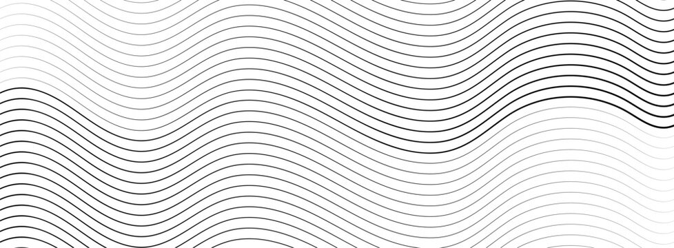 Abstract geometric background with monochrome water surface texture. Vector illustration of diagonal curved lines. Black wavy lines that go from thin to thick. Striped waves drawn in ink.