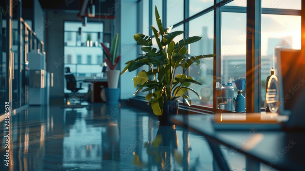 Poster a potted plant on a counter next to a window. suitable for interior design concepts