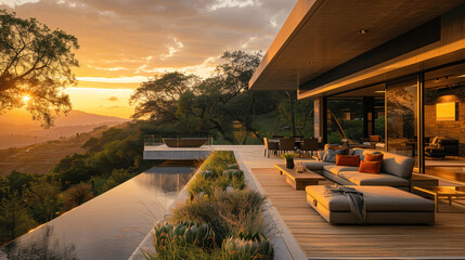 Luxury Villa Terrace with Infinity Pool at Sunset