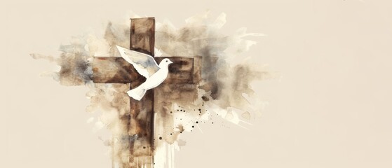 Religious religion greeting card concept background - Watercolor painting illustration of a christian cross with a dove of peace in beige brown colors