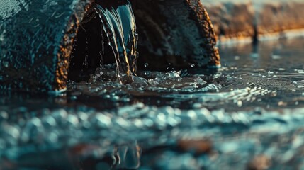 Close up of a pipe with water flowing out. Suitable for industrial and plumbing concepts