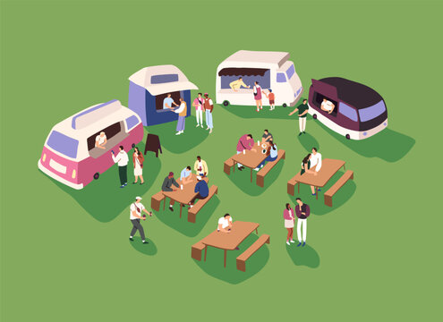 Food trucks with different snacks, drinks. People eating on the picnic tables. Friends, couples, families relax outdoor. Kiosk vans with ice cream. Fastfood festival in park. Flat vector illustration