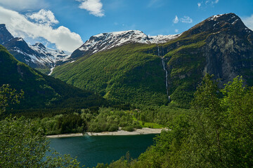 Naklejka na ściany i meble beautiful landscape at the Kjenndalsbreen glacier in Norway.