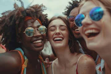 Group of women wearing sunglasses and smiling. Suitable for lifestyle and fashion concepts
