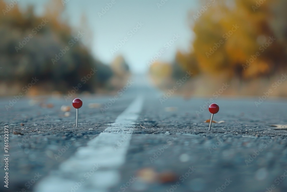 Poster two pins on a road, can be used as a concept of direction or decision making