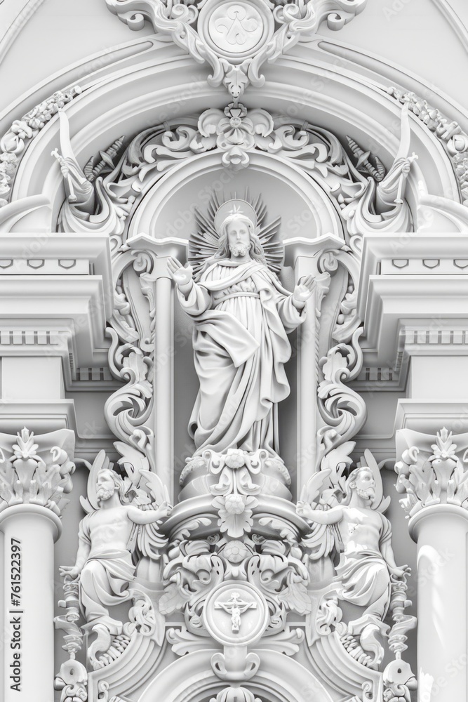 Poster a black and white photo of a statue on a building. suitable for architectural projects