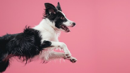 A black and white dog caught mid-air jump. Ideal for pet lovers or animal training concepts