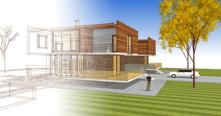 Fototapeta premium townhouse architectural sketch 3d illustration 