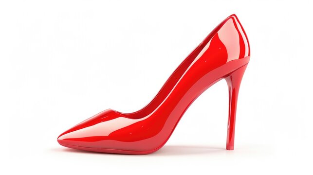 A stylish red high heeled shoe on a clean white surface. Perfect for fashion or beauty concepts